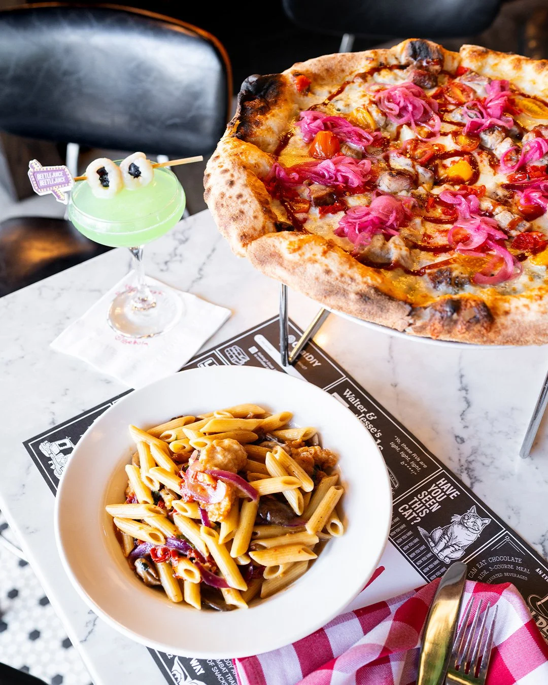 It's showtime!! Strange and unusual specials this week...

GHOST WITH THE MOST
Gorgonzola Cream Base, Shredded Mozzarella, Pulled Pork Burnt Ends, Heirloom Cherry Tomatoes, Peppadew Peppers Finished with Marinated Red Onion and Brown Sugar BBQ Sauce.