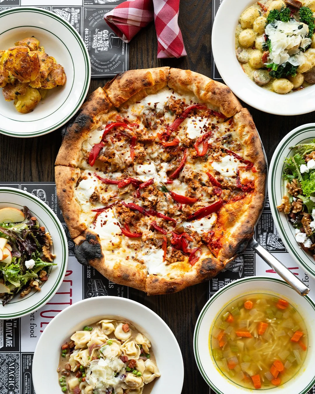 Our NEW menu additions that are stealing the spotlight...

CHILI PALMER | pizza with Calabrian chili cream sauce, sausage, and peppers

SAGE ADVICE | stuffed gnocchi with sage-pesto cream sauce

PERFECT CHICKEN SOUP | with short and thin "fideo&