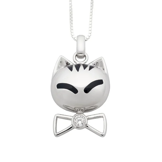 NEW! NozyPaws® Sterling Silver Puffed Kitten Pendant w/ Black Enamel Face