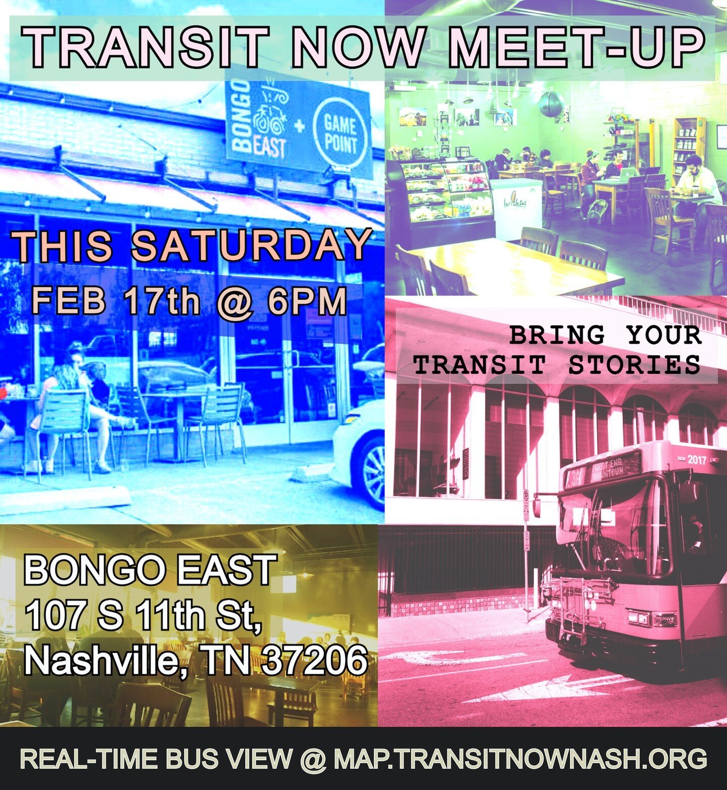 It's official - Nashville will pursue dedicated transit funds. 
.
Meet some local transit + livability advocates &amp; discuss Thursday's big news.
This Saturday, Feb 17 at 6pm, join Transit Now for a meet-up at Bongo Java East.

Do you have a perspe