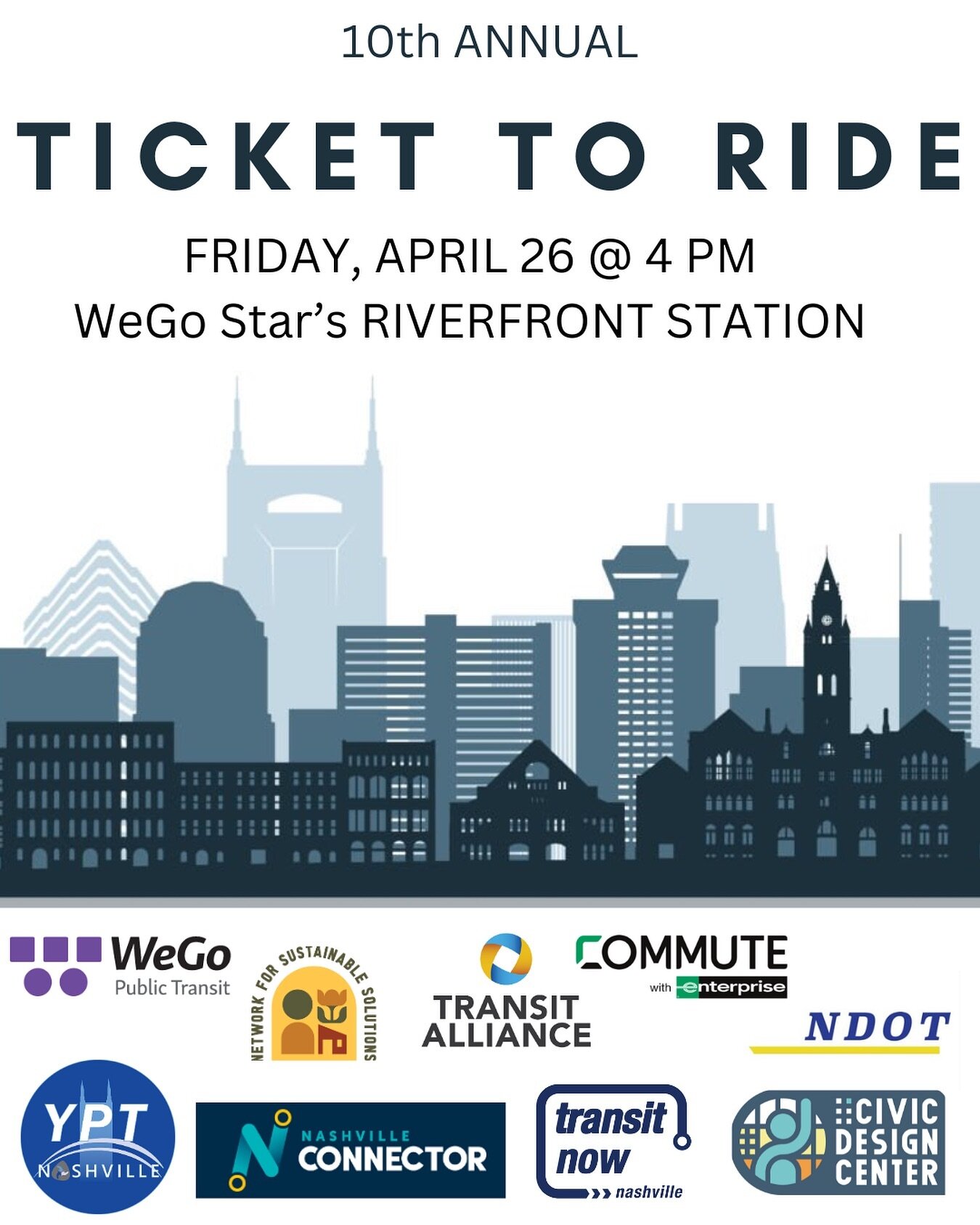 April is Transit Month! Ride the @wegotransit Star for free to Ticket to Ride on April 26 - Link in Bio💥
.
Celebrate with us for the 10th year of events on the WeGo Star Passenger Rail. Admission and train passes are free, but registration is requir