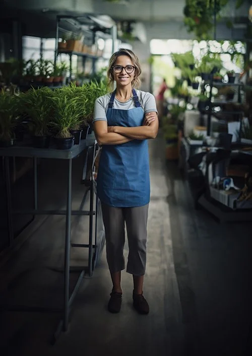 Confident female florist standing with arms crossed smiling in plant nursery wearing blue apron surrounded by green plants