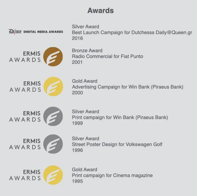 List of awards received by ERMIS Awards, including Silver, Bronze, and Gold awards for various advertising campaigns and promotional materials from 1995 to 2016.