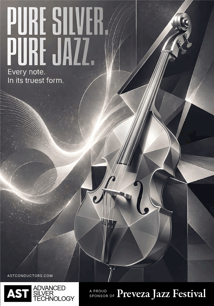 Silver geometric double bass surrounded by flowing light trails and abstract metallic forms. AST celebrates the Preveza Jazz Festival with pure sound, elegance and innovation.