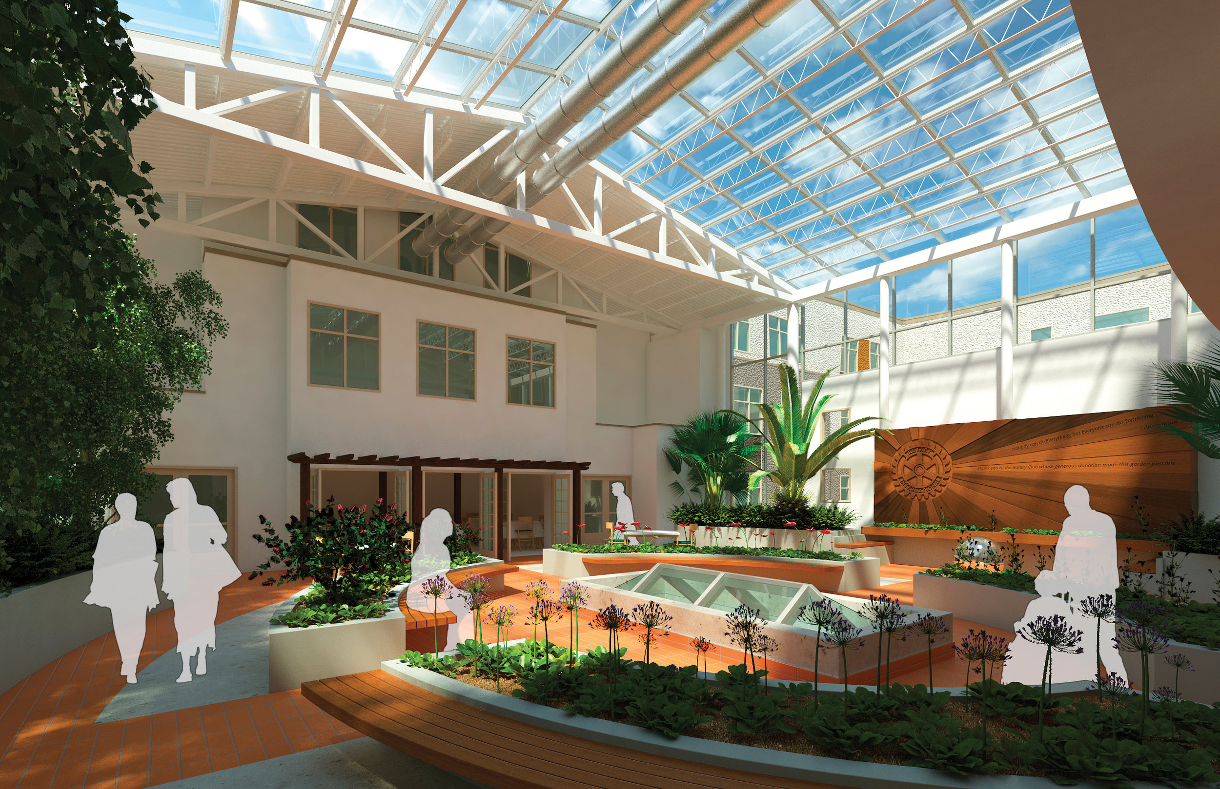 An artist rendering of the 3,000-square-foot atrium being built at Bethany Riverview. This year-round space provides a vital gatheirng area for residents, family members, caregivers and more.