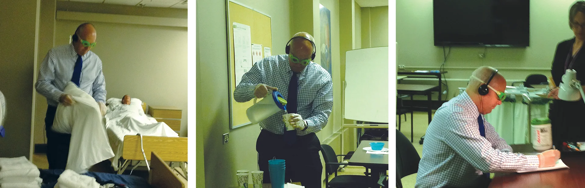 A participant interacts with his environment during a virtual dementia tour. Vision, touch and hearing are altered to simulate the experience of a person living with dementia.