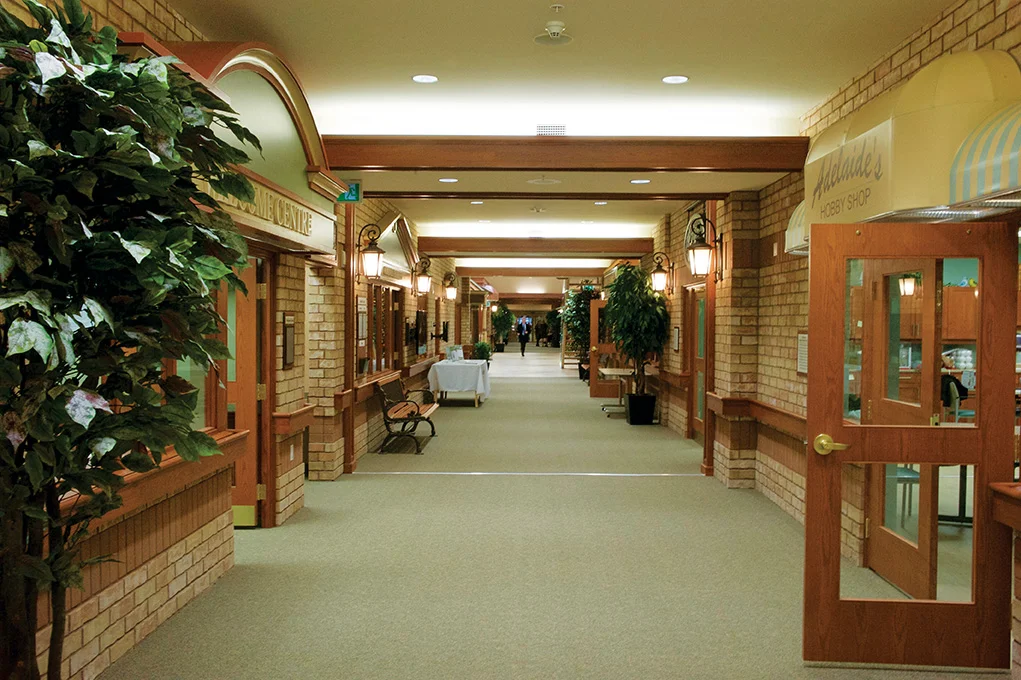 Schlegel Villages’ Main Street design incorporates elements of a small-town streetscape, with features like brick walls, store awnings and street lamps. Photos courtesy Schlegel Villages.