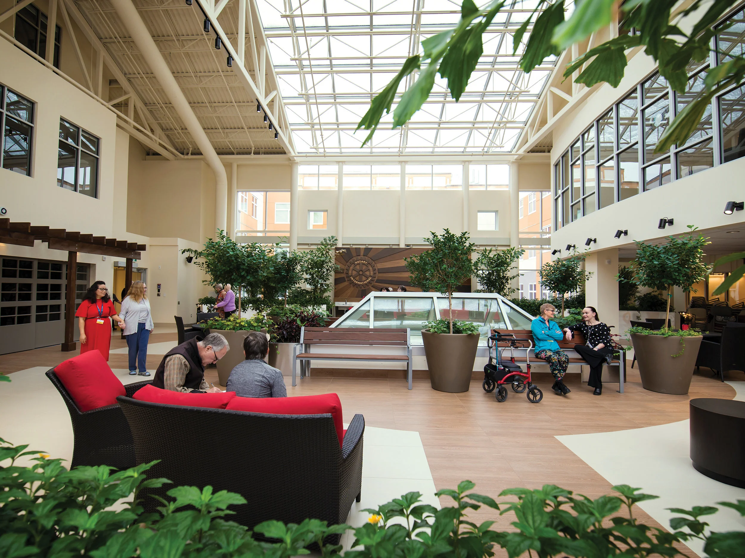 The Rotary Atrium offers 3,000 square feet of space for safe and purposeful wandering. Large windows and plants bring the outdoors in.