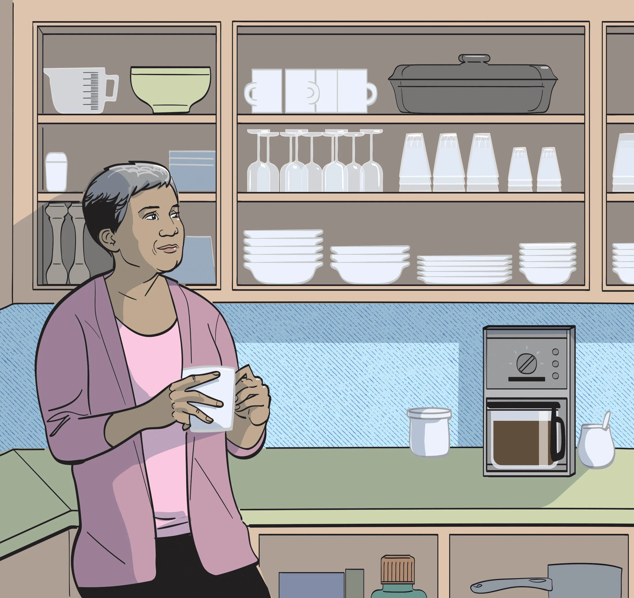 Remove cabinet doors in the kitchen to increase accessibility. Illustrations by Remy Geoffroi.