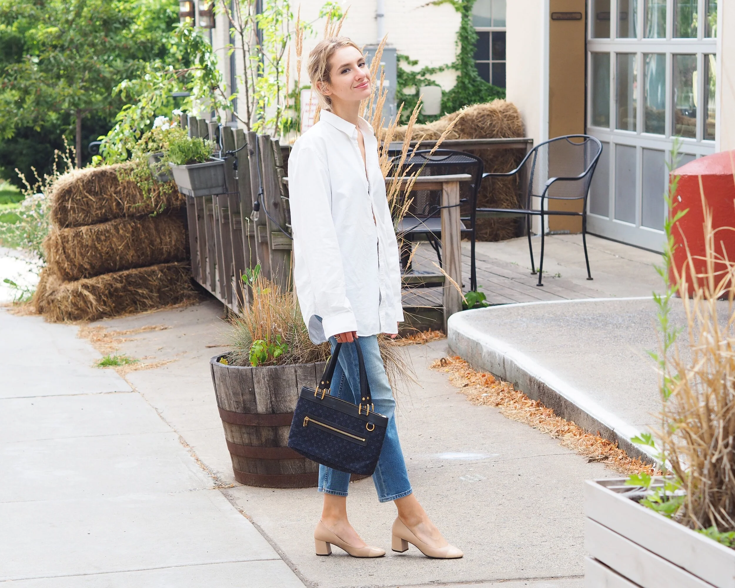 white polo and blue jeans