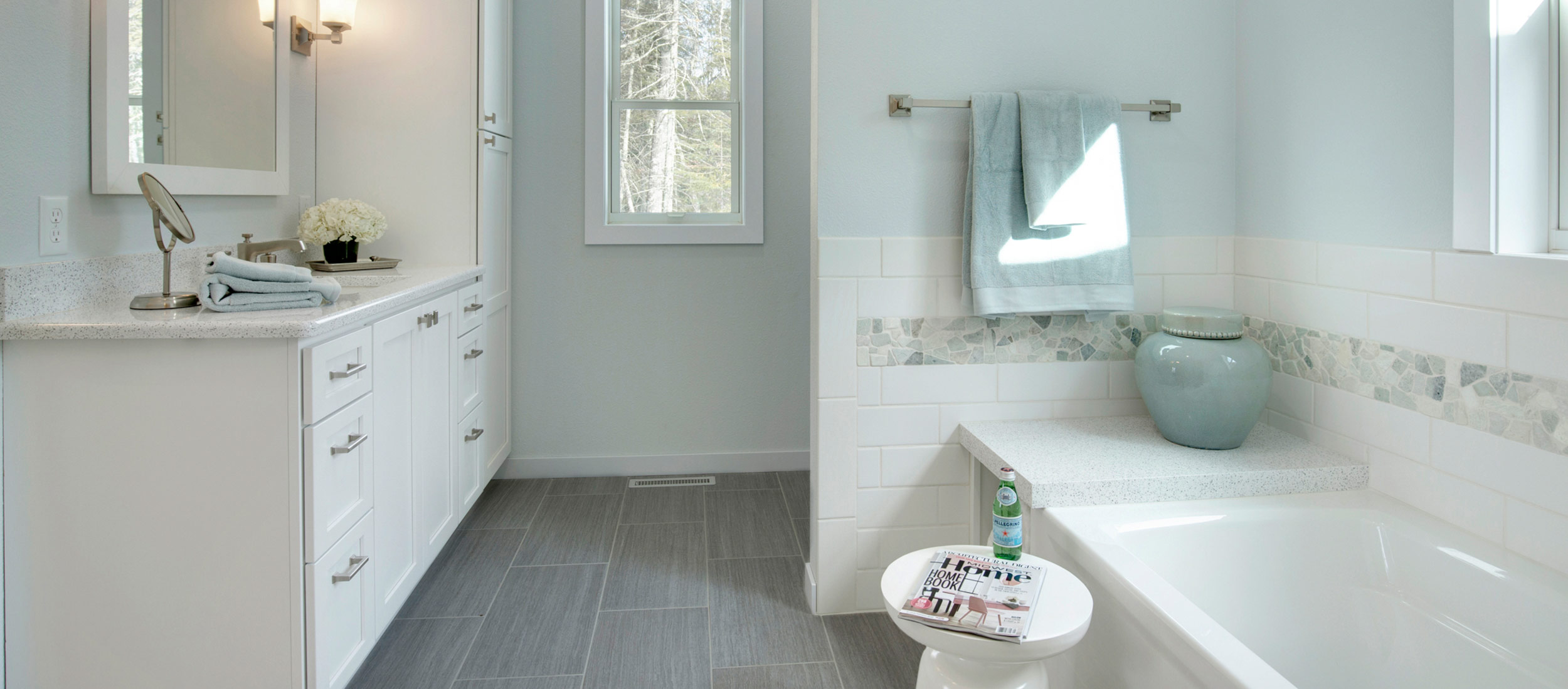 Bathroom remodel design with light blue walls and white cabinets