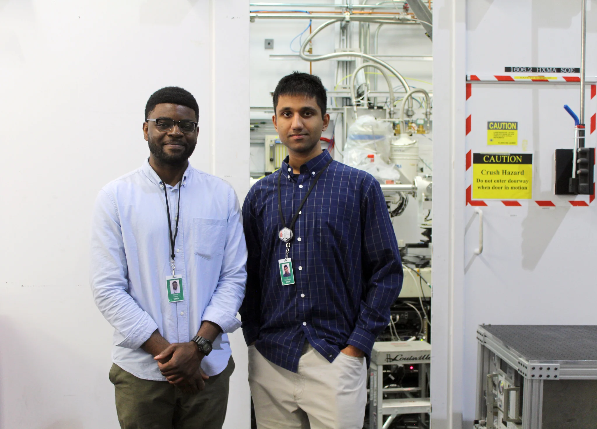 Michael Ocheje and Adit Nyayachavadi, PhD students in University of Windsor professor Simon Rondeau-Gagné's organic materials research group, at the HXMA beamline.