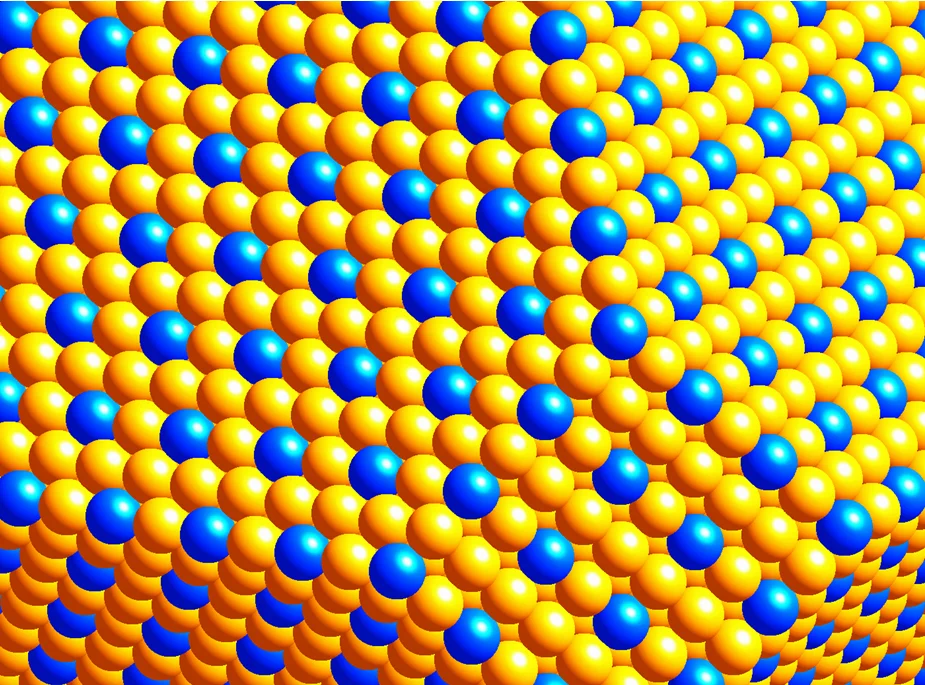 Blue spheres prepresent platinum; yellow is the gold lattice