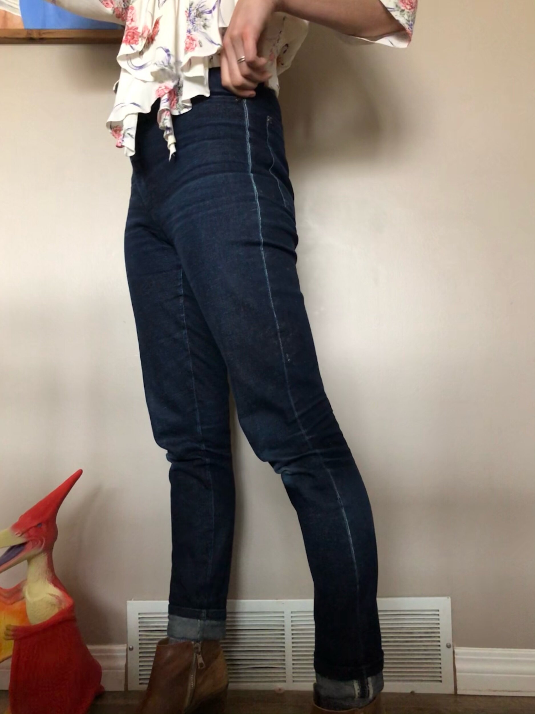philipa pants in popcorn denim in side view - seam visible due to aging