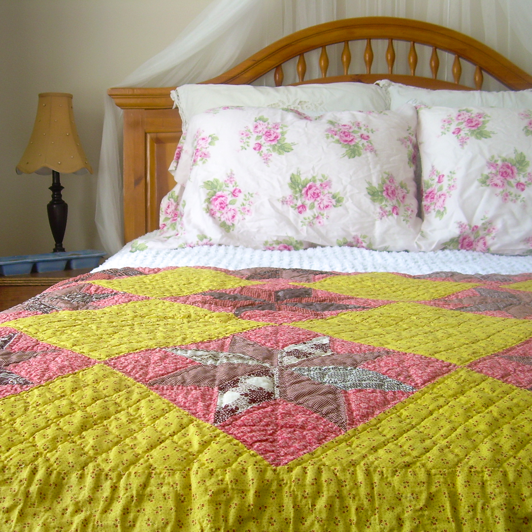 Pink &amp; Yellow Antique LeMoyne Star Quilt