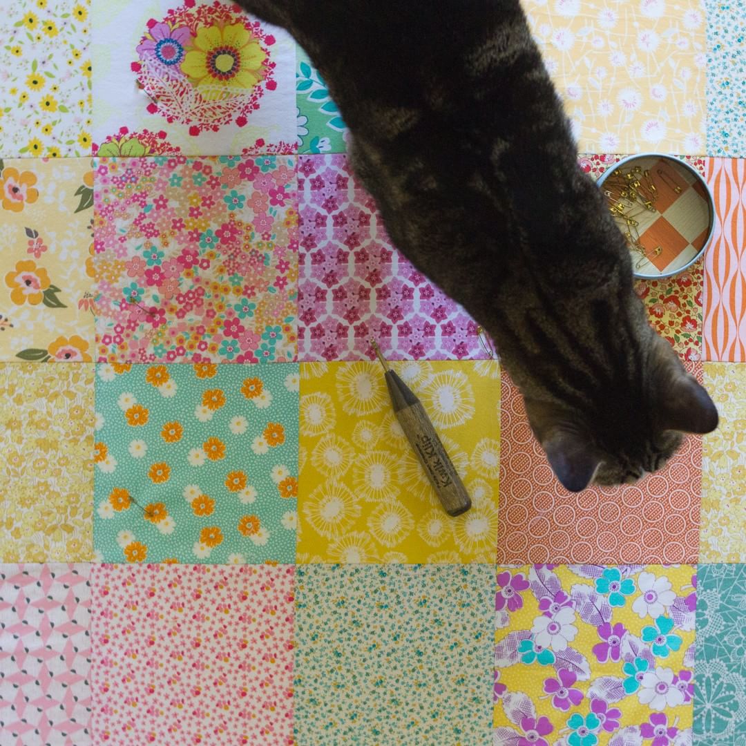 Piper Inspects the Vintage Squares Quilt