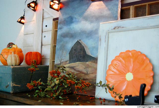 Spooky October Mantel With Barns, Pumpkins and Cats