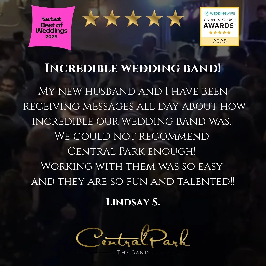 ANOTHER 5-STAR REVIEW! Thank you so much to our bride, Lindsay, for this awesome review! #CentralParkTheBand @weddingwire
#BestOfTheKnot #TheKnotWeddings #TheKnot #WeddingWire #CouplesChoiceAward #TiedTheKnot #WeddingDay #WeddingBand #WeddingMusic #