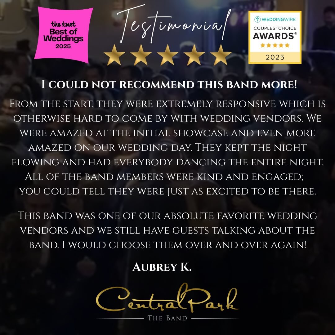 ANOTHER 5-STAR REVIEW! Thank you so much to our bride, Aubrey, for this awesome review! #CentralParkTheBand @theknot @weddingwire 

#BestOfTheKnot #TheKnotWeddings #TheKnot #WeddingWire #CouplesChoiceAward #TiedTheKnot #WeddingDay #WeddingBand #Weddi