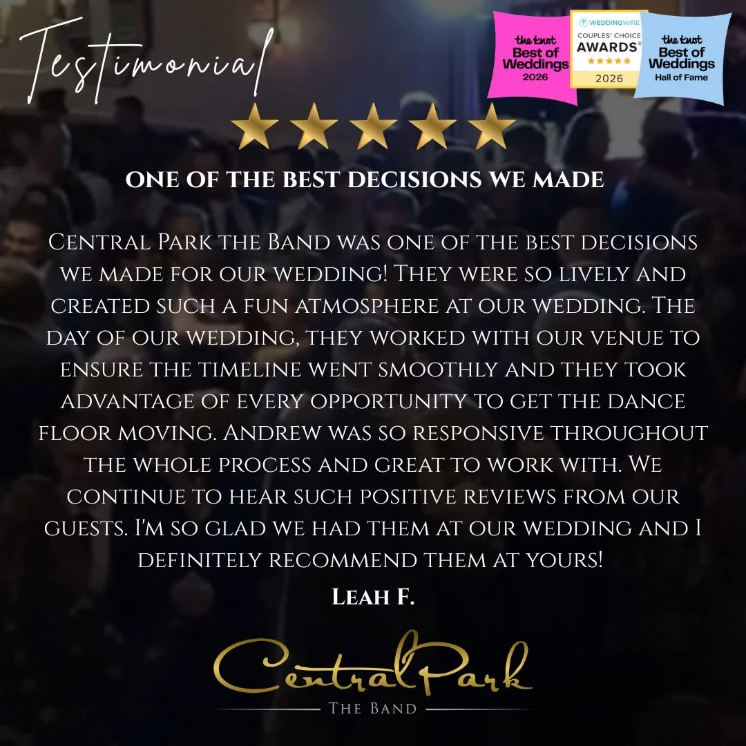 ANOTHER 5-STAR REVIEW! Thank you so much to our bride, Leah, for this amazing review! #CentralParkTheBand @theknot

The Knot&bull;Best of the Knot&bull;Wedding Wire&bull;Couples Choice Award&bull;Live Music&bull;Live Band&bull;Event Band&bull;Party B