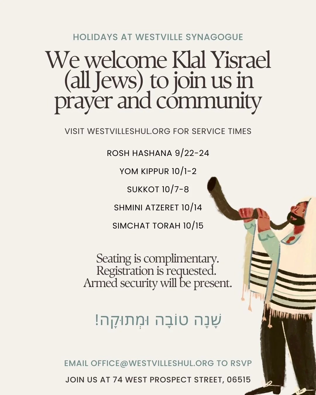 The High Holidays are around the corner, and we&rsquo;d love for you to join us at Westville for 🍎 Rosh Hashana, ✡️ Yom Kippur, and 🌿 Sukkot. 

All are welcome, whether you come every year or it&rsquo;s your first time. Email office@westvilleshul.o