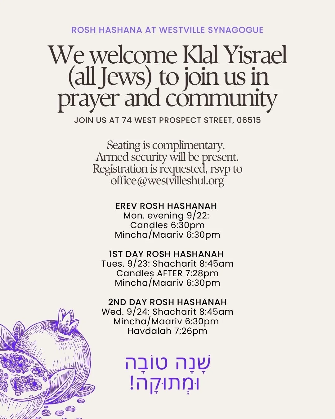🍎✨ Shanah Tovah! Join us at Westville Shul as we welcome the Jewish New Year together. 

This year we&rsquo;ll be led by Dov Tuchman, whose beautiful voice and joyful spirit bring our services to life. With lively, meaningful tunes and an emphasis o