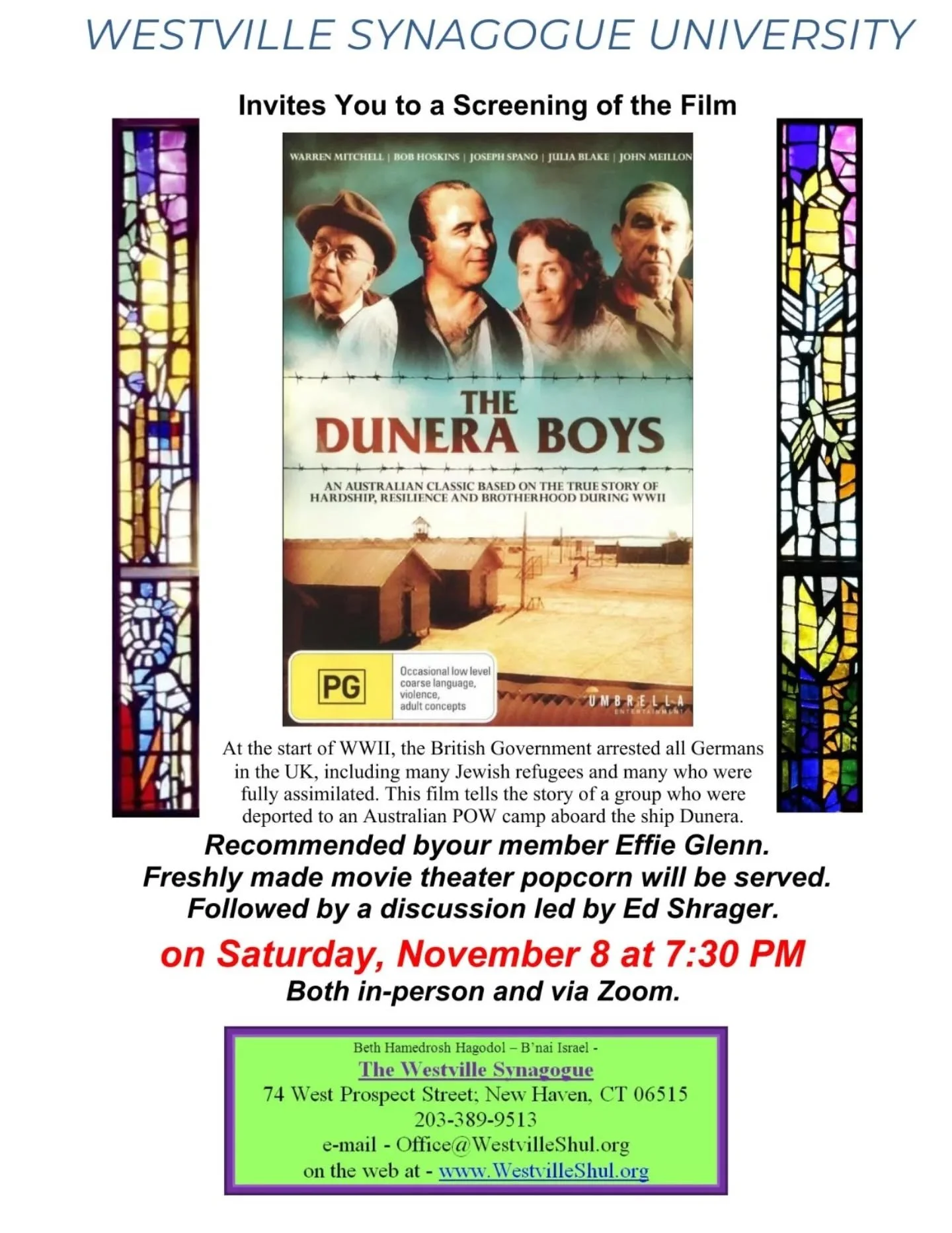 Westville Synagogue University invites you to a motzei Shabbat film screening on November 8 at 7:30 PM! 

You can attend either in-person or via Zoom, however the 🍿 popcorn is only available to those attending in person 😉 

What's playing? 🎥 

The