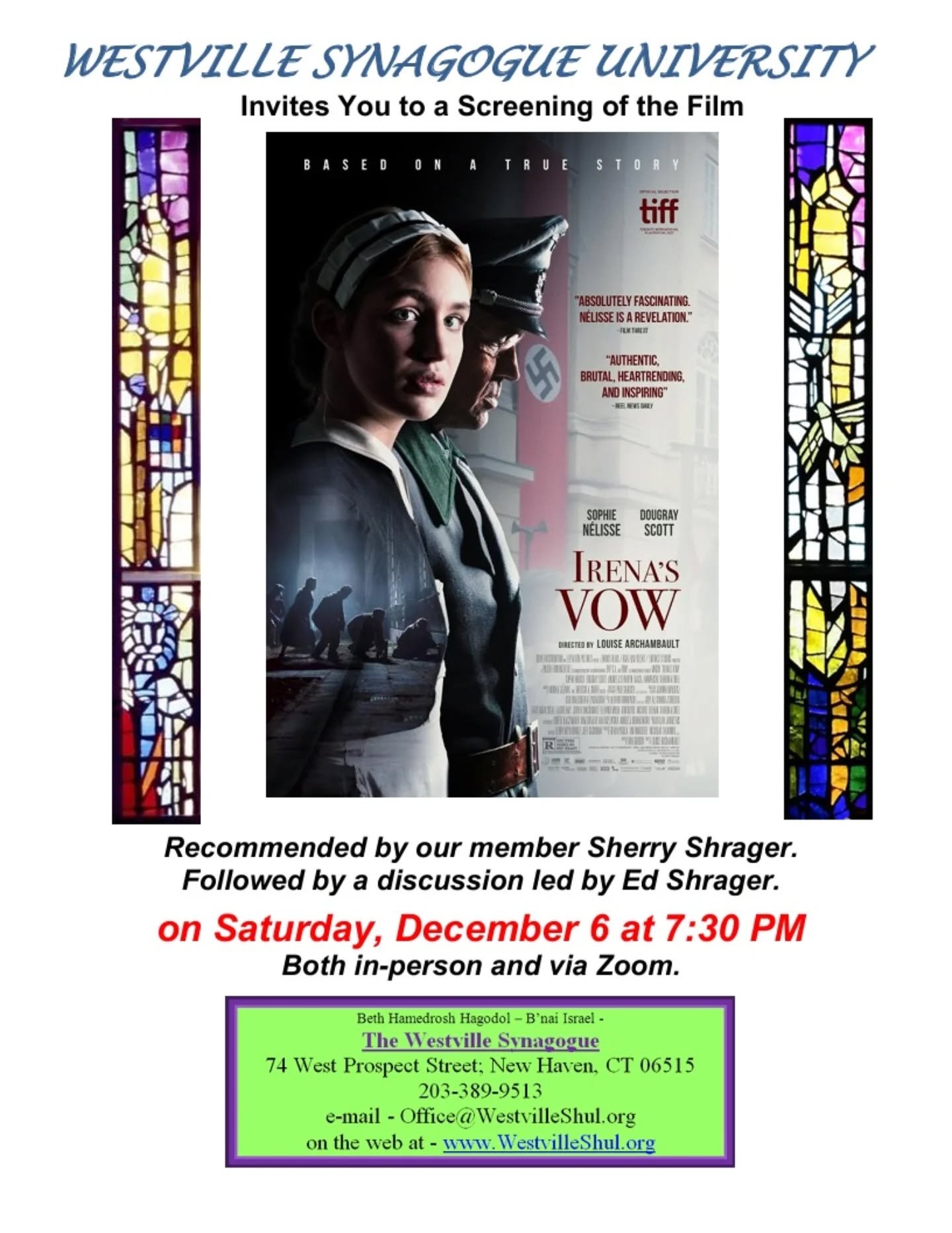 🍿 Join us on Saturday, December 6 at 7:30PM for a film screening at Westville Synagogue! 

🎥 We will be watching and discussing Irena's Vow (2023).

See you there!

#movienight #westvillesynagogue #jewishcommunity #newhaven