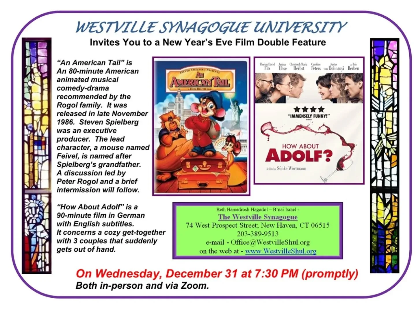 🎊 Got plans for this NYE? Come to our special Westville University film double feature! 🎊 

#westvillesynagogue #westville #newhaven #jewishcommunity
