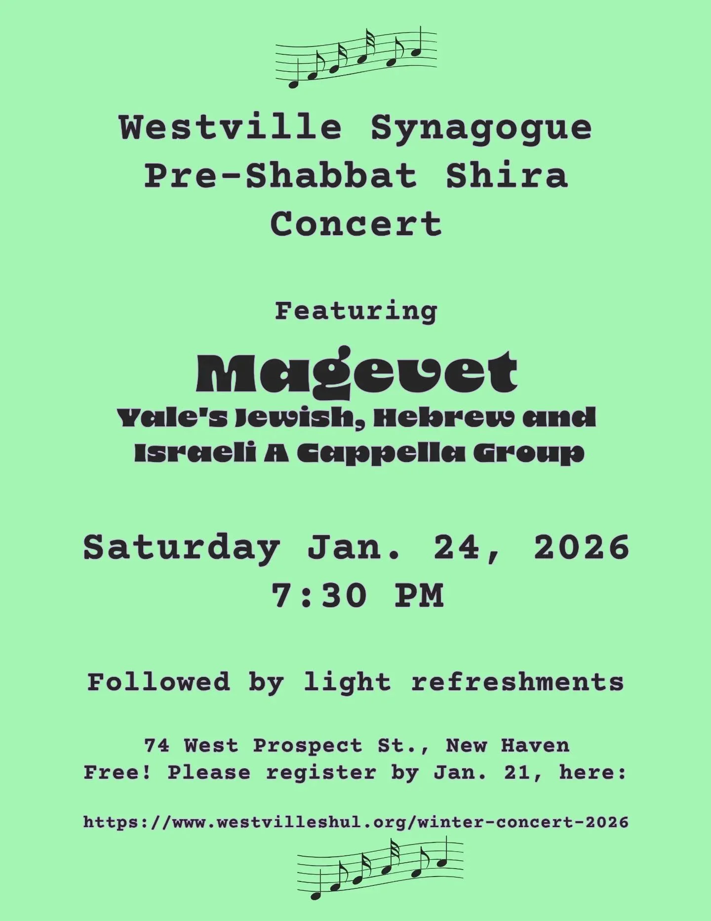 Heads up! Westville Shul is hosting a concert on January 24th featuring @yalemagevet !!

Register at the shul website, or directly at https://www.westvilleshul.org/winter-concert-2026 

#westvillesynagogue #westville #yale #acapella #jewishcommunity 