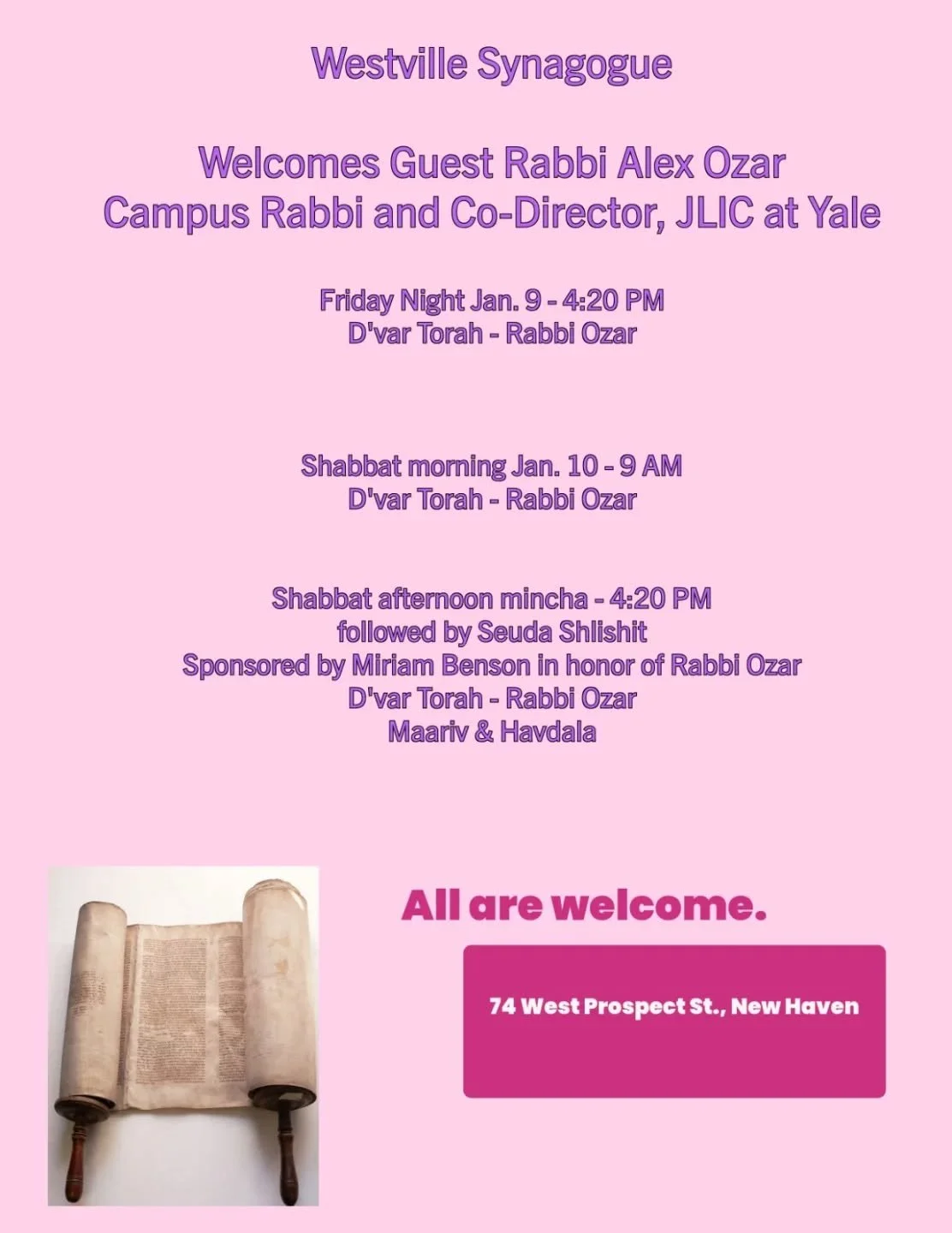 Join us Shabbat January 9-10 in welcoming guest Rabbi Alex Ozar, campus rabbi at Yale!! He will be sharing Torah with us Friday night, Shabbat morning, AND at Seudah Shlishit!

#westvillesynagogue #westville #newhaven #jewishcommunity