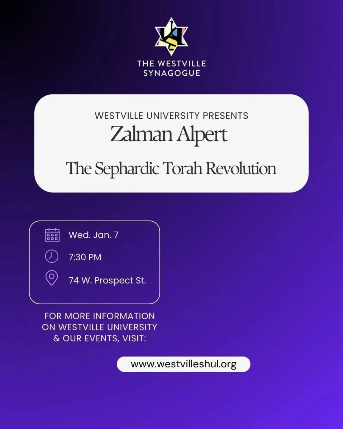Join us on January 7 to hear from Zalman Alpert! 

#Westville #jewishcommunity #newhaven #torah