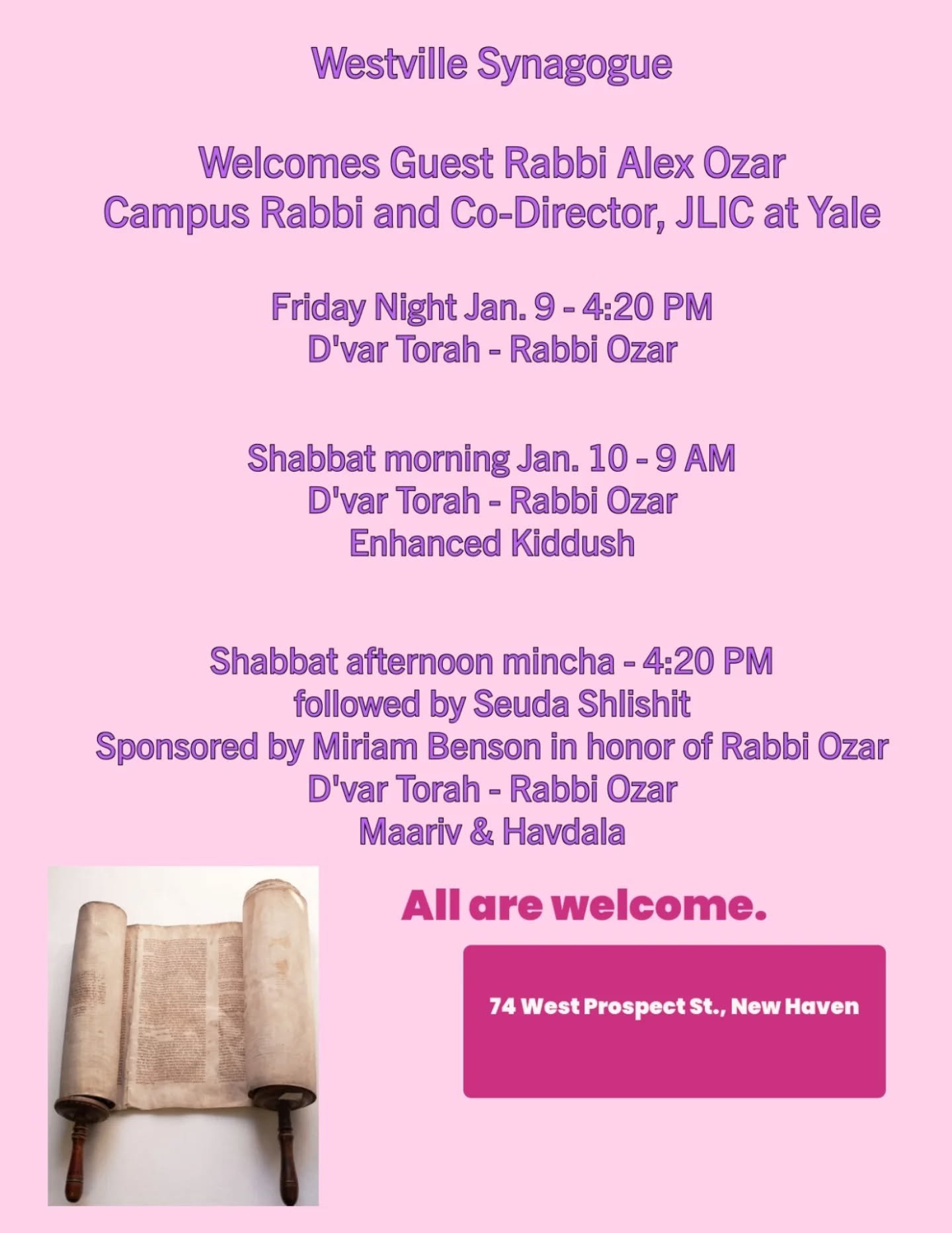 Come to Westville Synagogue this Shabbat and learn from Rabbi Alex Ozar! 
Shabbat Shalom 🕊️