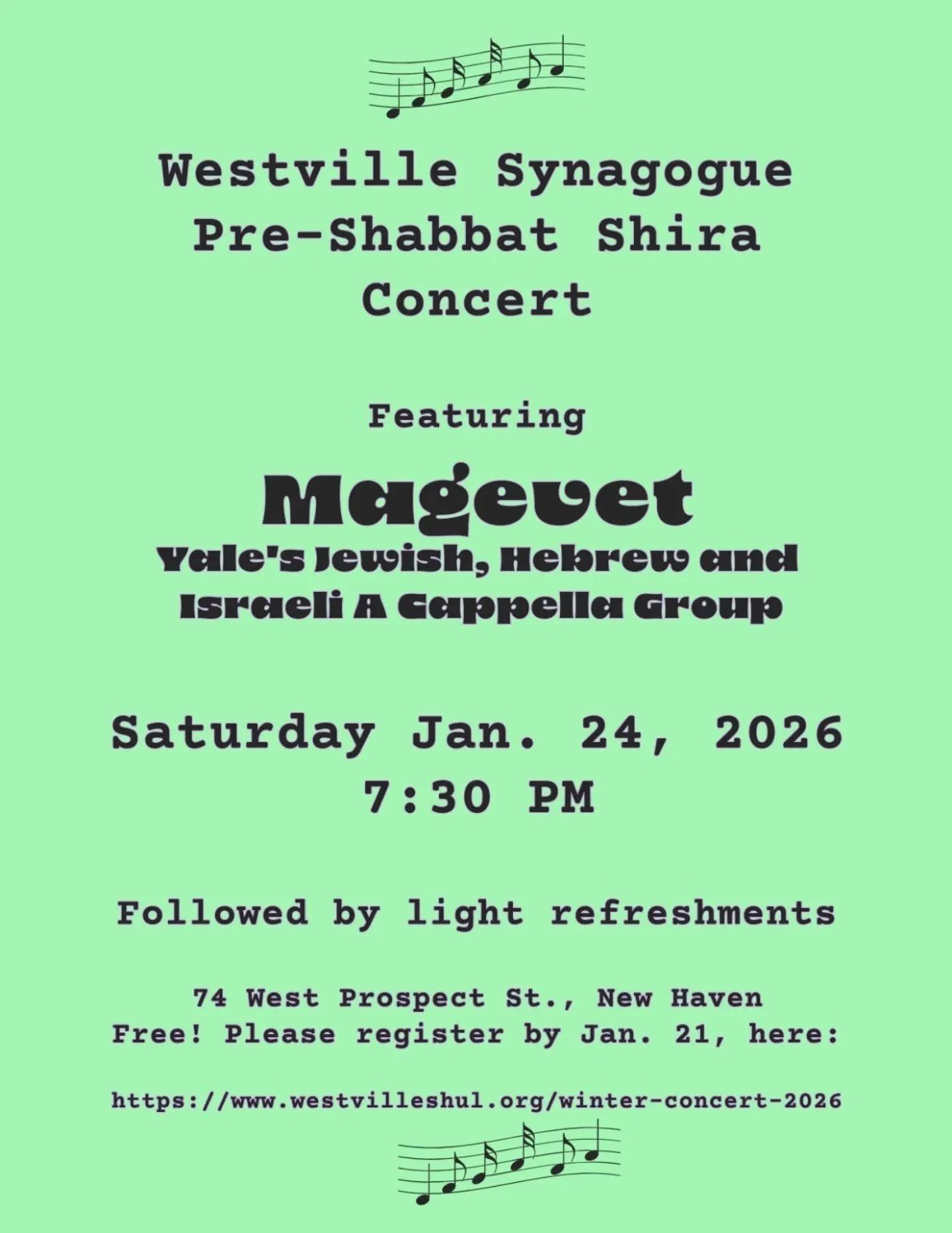 Heads up! Westville Shul is hosting a concert on January 24th featuring @yalemagevet !

Register at the shul website, or directly at https://www.westvilleshul.org/winter-concert-2026

#westvillesynagogue #westville #yale #acapella #jewishcommunity ne