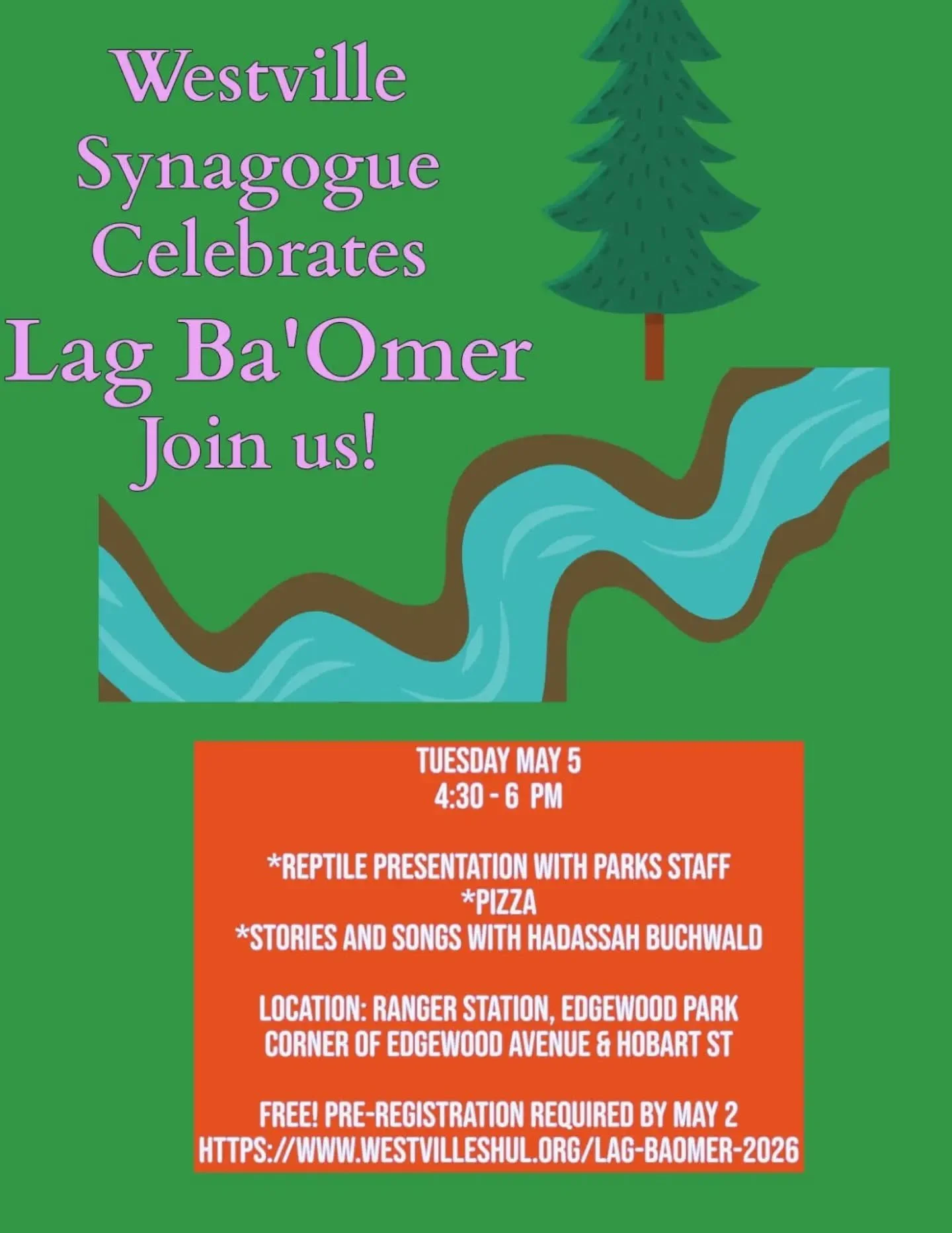 Join us for a Lag Ba'Omer celebration! 

Tuesday, May 5
4:30-6:00 PM
Edgewood Park Ranger Station

The event is free, but please reserve your spot by May 2 at www.westvilleshul.com/lag-baomer-2026