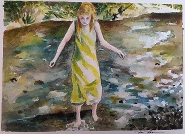 Heather Brunelle’s painting of her friend’s daughter (a young scientist!) exploring a creek.
