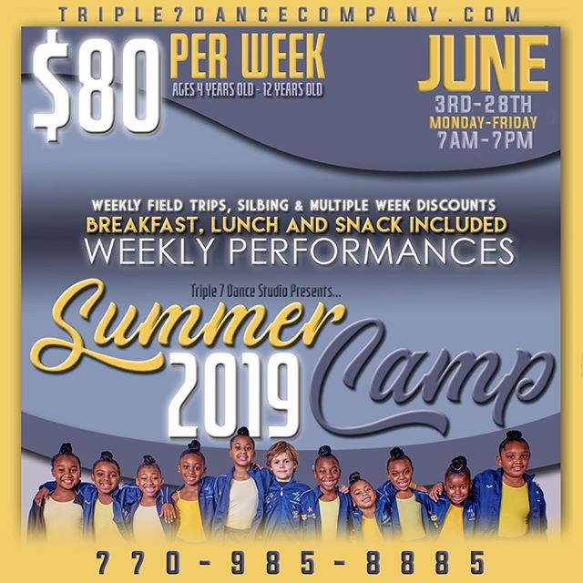 Spend the summer with Triple 7 Dance! Weekly performances every Friday. For more information call is at 770&ndash;985-8885 or dm us. #summercamp #dancesummer #snellville #grayson #lilburn #lawrenceville #loganville