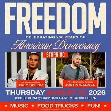 @justinwagnerforcongress and the Crawford Dems are welcoming back the school year, the students at @alleghenycollege for a free concert celebrating Voices of Freedom 250! Diamond park, August 27th (TONIGHT) at 6:30 PM!