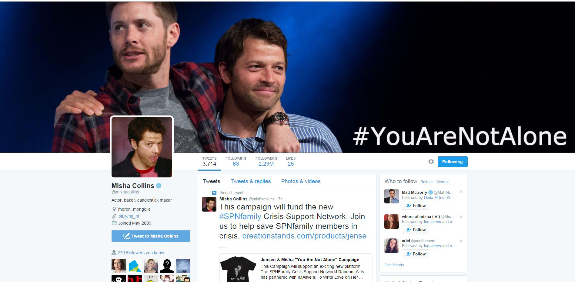 Misha Collins - Facebook - You Are Not Alone