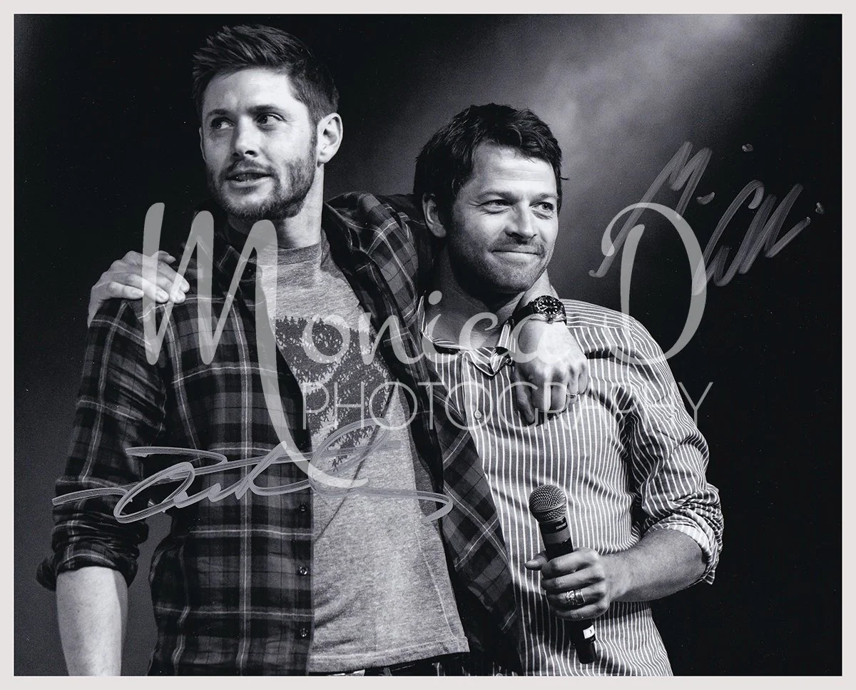 Jensen Ackles and Misha Collins on stage during the Jus in Bello Convention in Rome, Italy