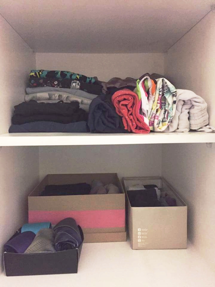 AFTER - repurposed old shoe boxes to contain additional clothing items in shelves