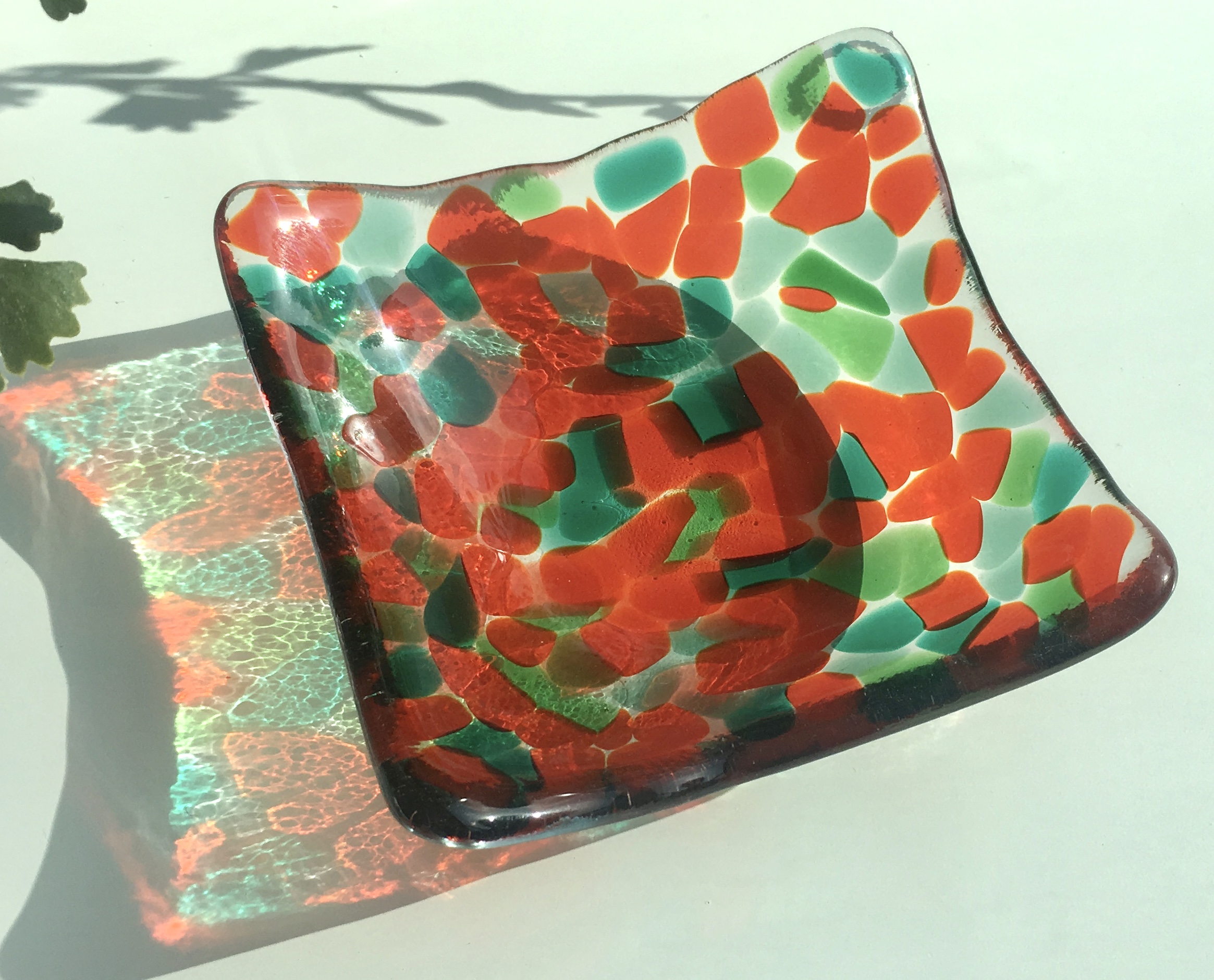 This came out so much cuter than I expected! Little chips of orange, green, teal and sea green in a little 10x10 bowl. 
