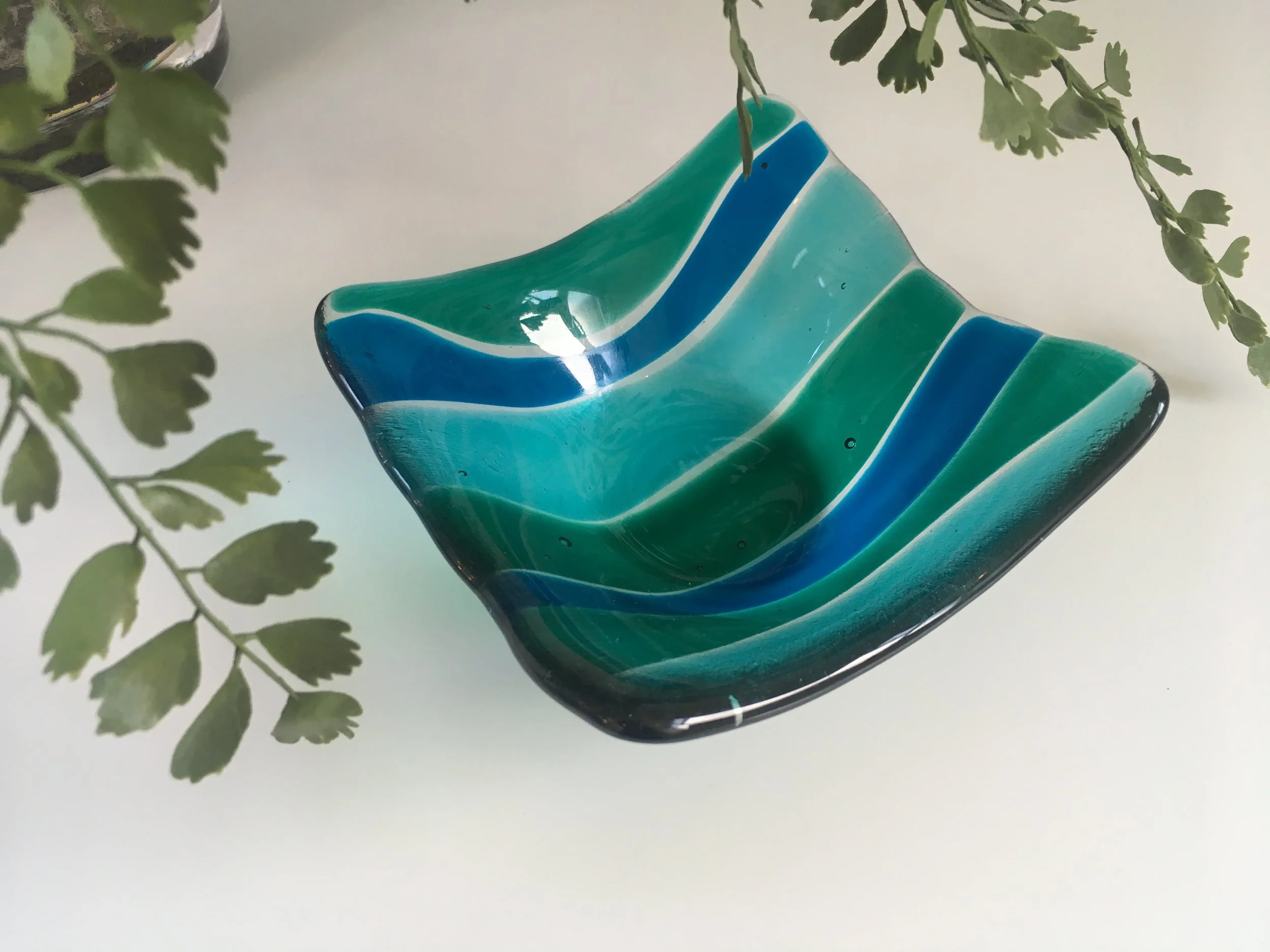 Wavy small dish in teal, green and blue