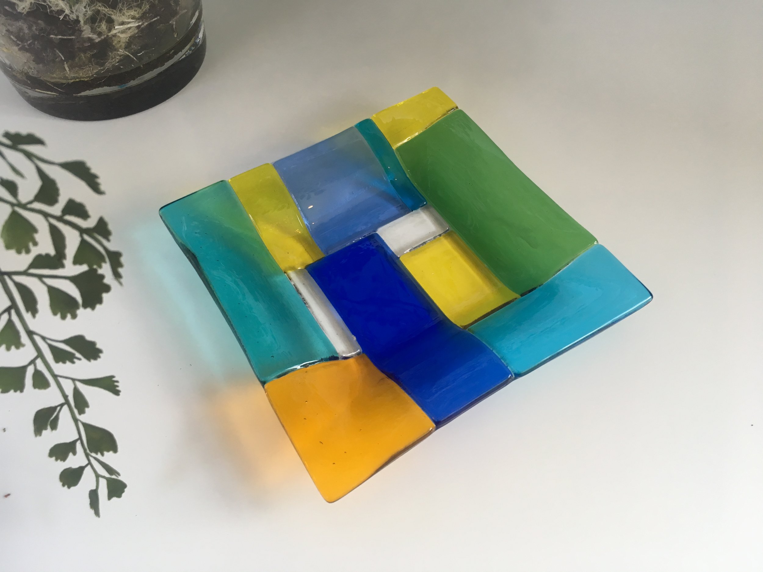 Graphics in blues with orange