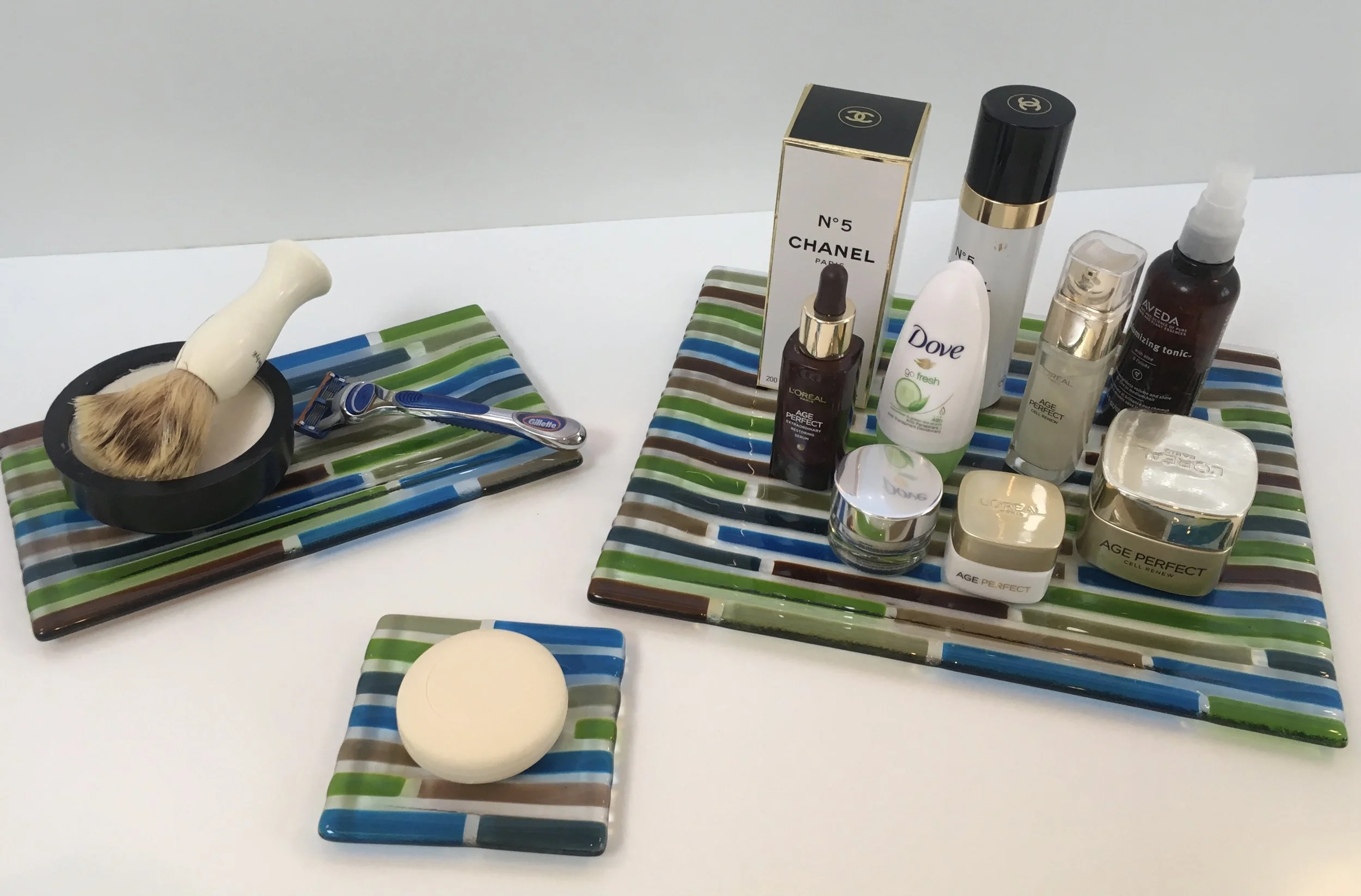 3 piece Bathroom set in deep aqua, green, dark amber, bronze, steel blue.