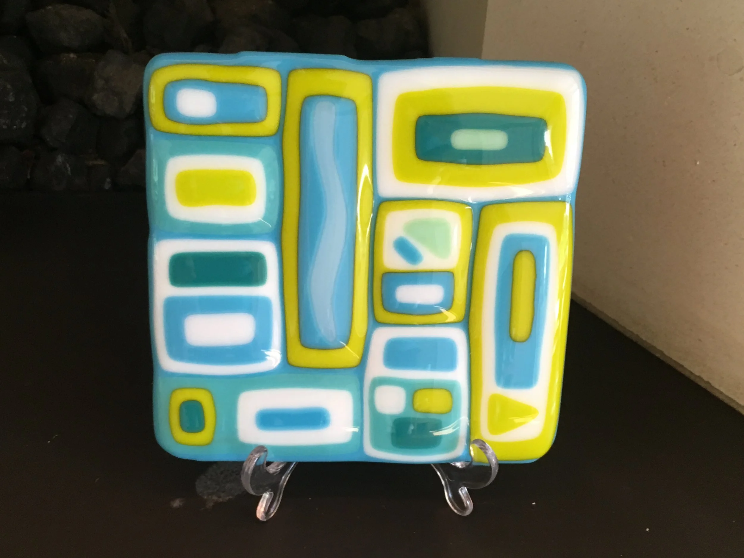 Geometric tile in lemongrass, teal & blues