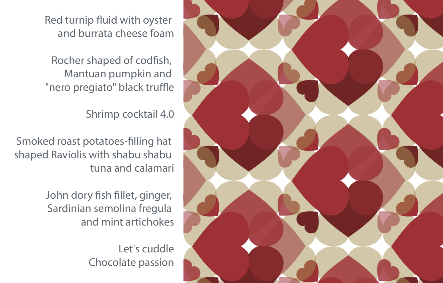 Executive Chef Stefano Marzetti’s 2019 Valentine’s Day Menu. Original artwork by Matteo Marsini .