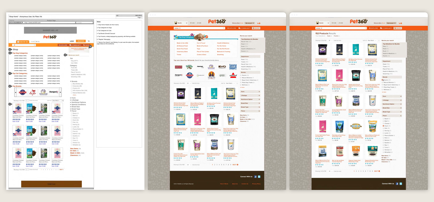 Wires provided by the Information Architect (left) and the designed high-fidelity screens (right) of the shop home and product filtering experience.