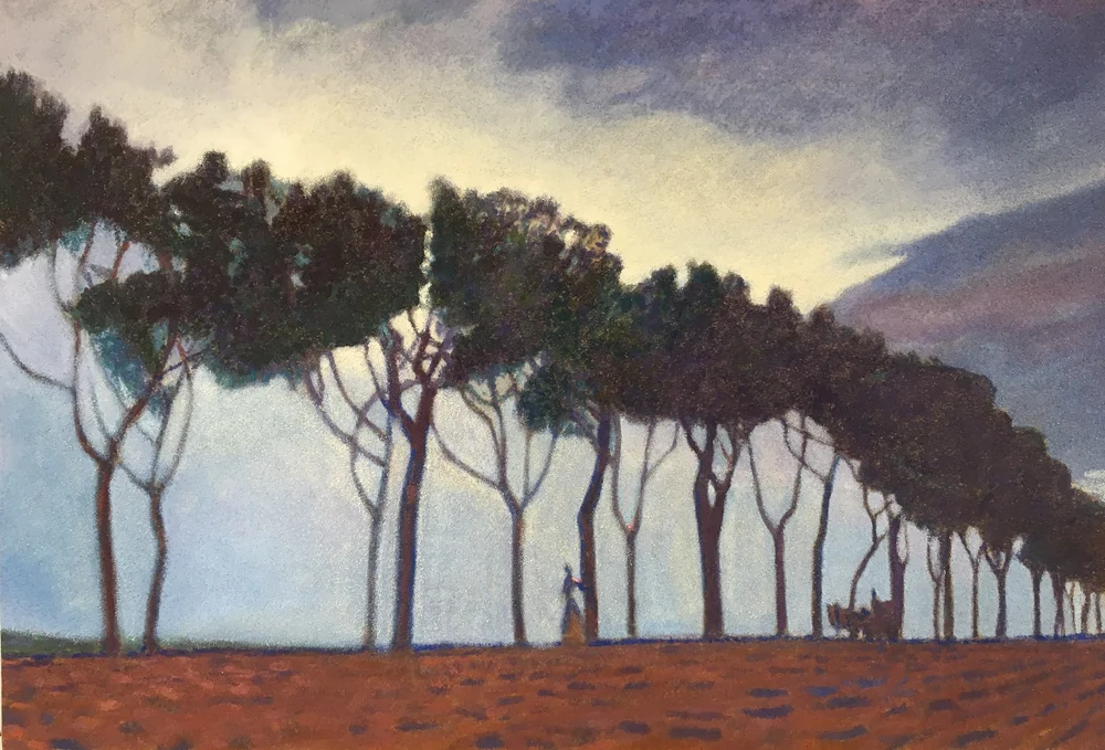 Les Pins, 61x90 cm, casein on sand on panel, 2022 — Claude Gazier