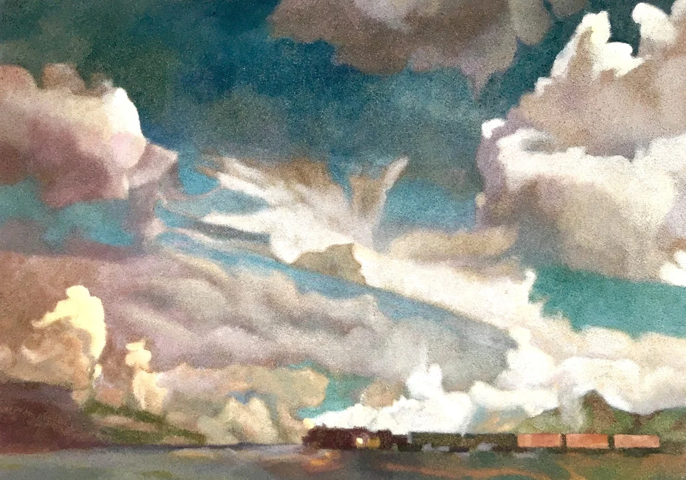 Nuages et fumée, 75x106 cm, casein on sand on panel, 2023 — Claude Gazier